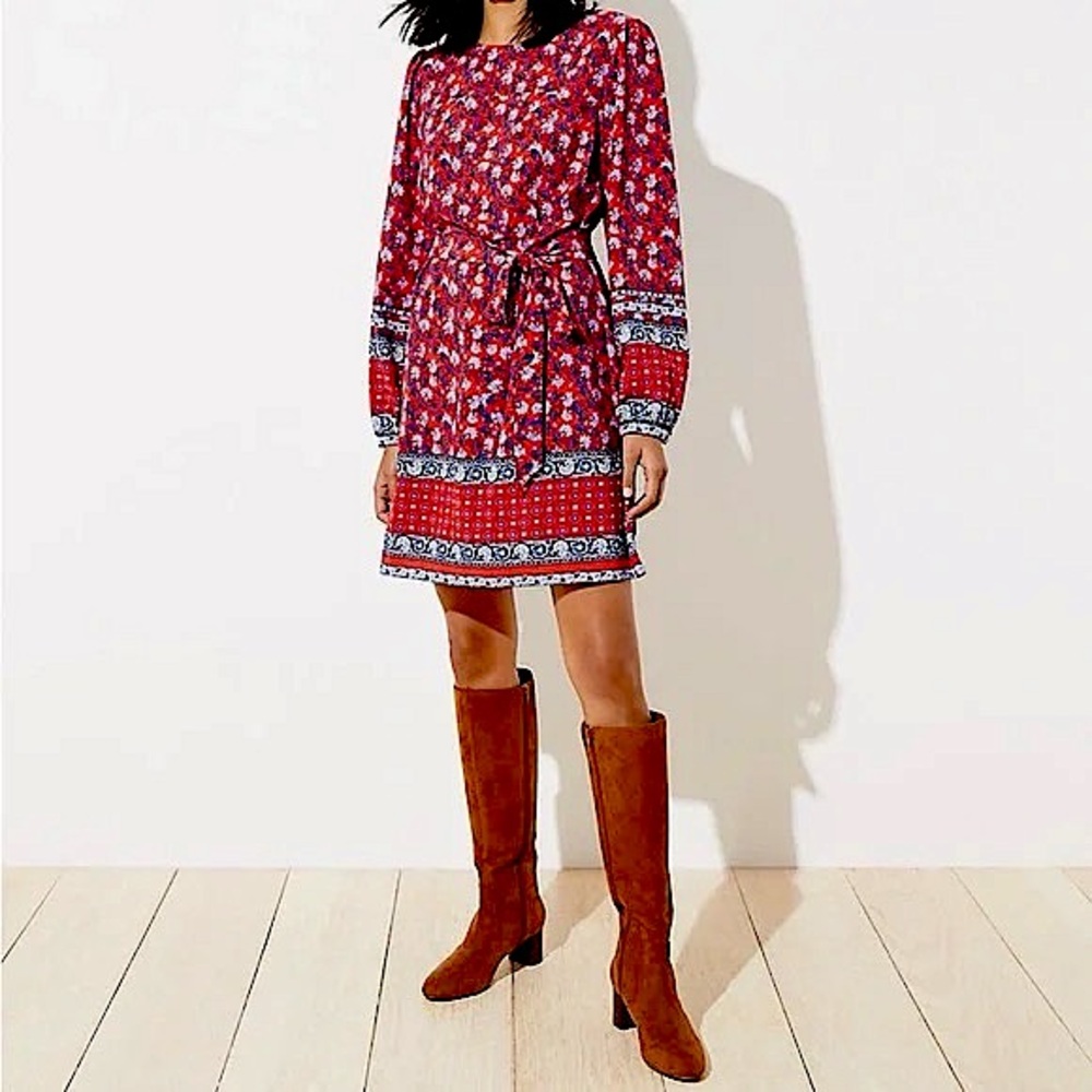 LOFT Red Floral Long-Sleeve Belted Mini Dress